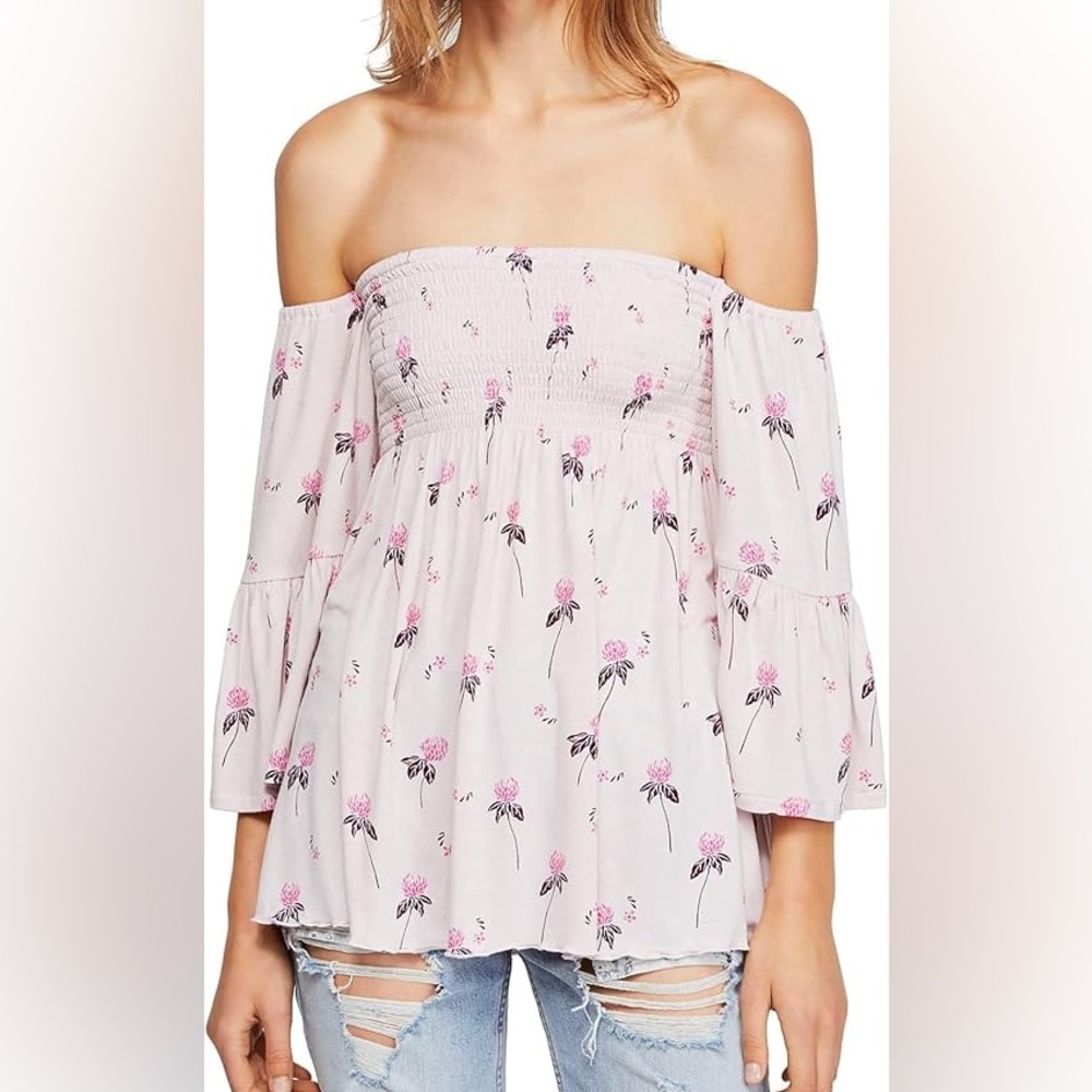 Free people pink floral Lana off shoulder tunic medium